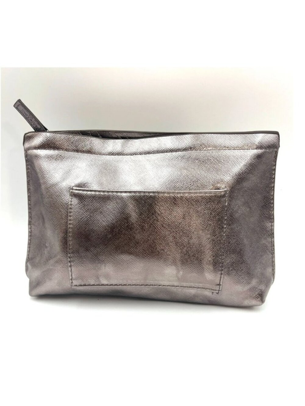 Lancôme Metallic Gunmetal Shimmer Saffiano Cosmetic Bag Pouch Travel Clutch NEW